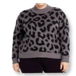 Aqua Charcoal Animal Cheetah Print Crew Neck  Sweater Grey Black 3X